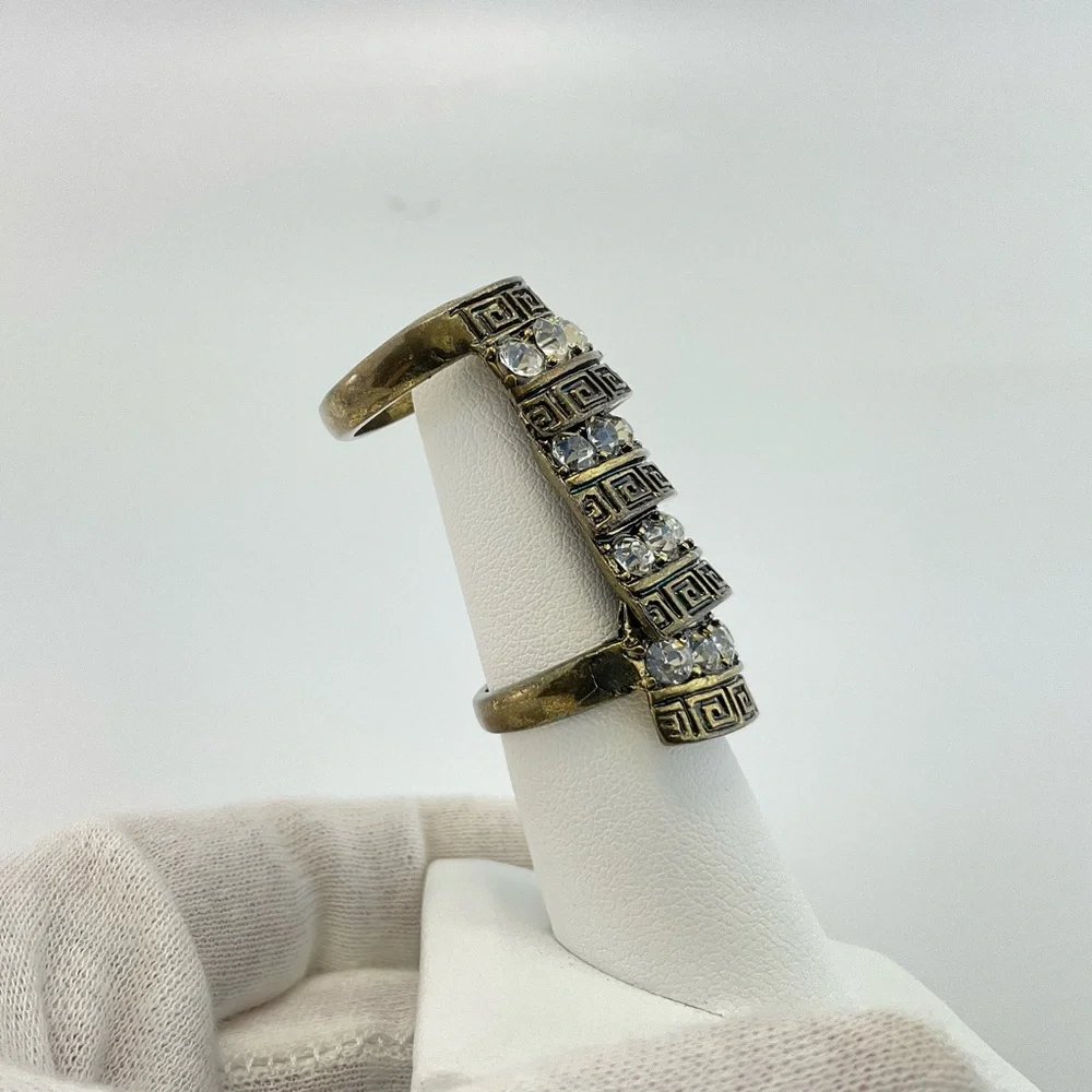 Gothic Cocktail Ring,  Articulated Knuckle Ring, Antique Gold & Clear Crystals